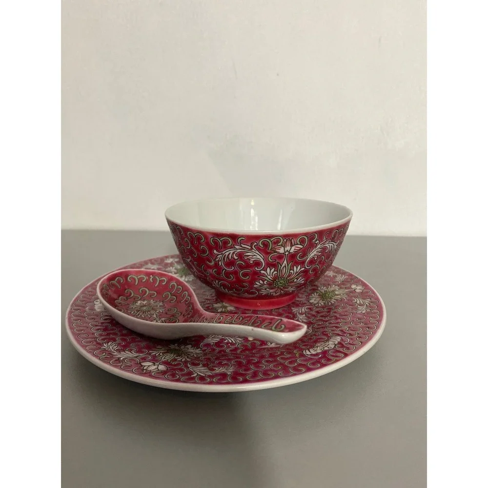 VTG Chinese Jingdezhen Mun Shou Famille Longevity Rice Bowl‎ spoon saucer pink